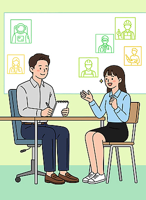 직업 여자 남자 의자 일러스트 탁자 대화 손짓 메모지 상담 일자리 진로 국내일러스트 AI파일 가구 비즈니스 모션 말하기 사람 사무용품 파일형식 벡터