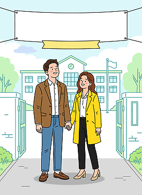 여자 남자 행복 일러스트 학교 두명 건물 손잡기 맑음 국내일러스트 AI파일 건축물 교육 감정 모션 날씨 사람 파일형식 벡터