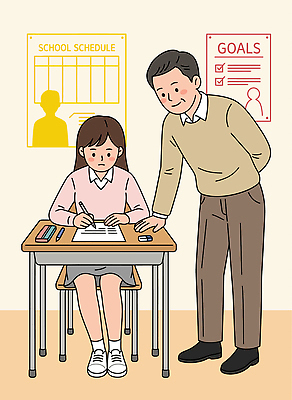 학생 교육 일러스트 교실 학습 연필 펜 교사 시간표 집중 책상 상담 과제 조언 진로 국내일러스트 AI파일 직업 가구 컨셉 학교 학용품 필기구 계획 파일형식 벡터