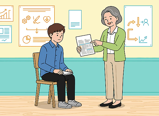 교육 종이 중년 의자 일러스트 대화 설명 사람 자료 업무 상담 문서 소통 진로 국내일러스트 AI파일 가구 컨셉 모션 말하기 성인 작업 파일형식 벡터