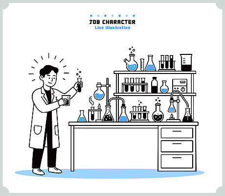 직업 교육 과학 일러스트 실험기구 실험 사람 파란색 다양 과학기술 화학 실험실 과학자 시험관 대학교 비커 화학실험 연구소 화학약품 국내일러스트 AI파일 컬러 다수 학교 기술 물질 학자 파일형식 벡터