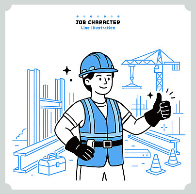 직업 남자 건축 일러스트 작업복 사람 손짓 파란색 기계 다양 도구 기둥 구조물 안전모 기중기 시설 조정 기초 진행 구역 작업자 국내일러스트 AI파일 옷 컬러 다수 모션 수상스포츠 중장비 헬멧 안전장비 파일형식 벡터