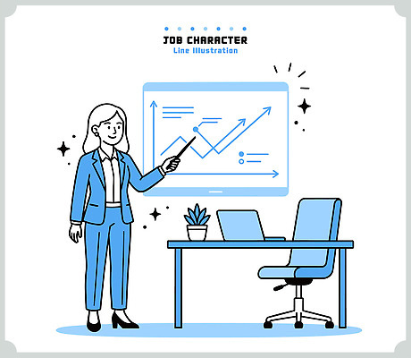 직업 캐릭터 여자 라인일러스트 일러스트 비즈니스 회의 그래프 직장 설명 사람 파란색 사무실 자료 다양 성장 업무 작업 발표 계획 책상 전략 국내일러스트 AI파일 컬러 가구 다수 컨셉 회사 모션 파일형식 벡터