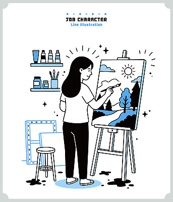 직업 여자 의자 일러스트 자연 산 사람 파란색 물감 다양 도구 작업 그리기 화실 예술가 캔버스 창작 풍경화 국내일러스트 AI파일 컬러 가구 다수 모션 미술도구 그림 생태계 미술실 파일형식 벡터