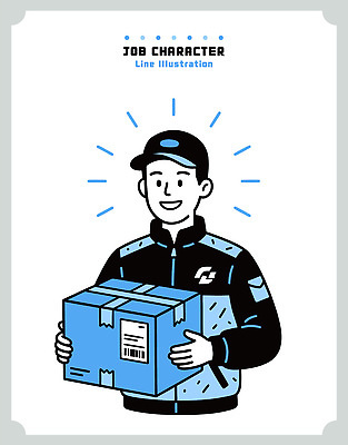 직업 일러스트 작업복 미소 사람 파란색 상자 다양 운송업 작업 배달원 택배 전달 상업 소포 국내일러스트 AI파일 옷 산업 컬러 다수 표정 배송 파일형식 벡터