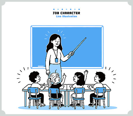 직업 학생 교육 어린이 일러스트 교실 수업 커뮤니케이션 교재 사람 앉기 파란색 학습 손들기 교사 칠판 다양 그룹 질문 학습도구 참여 국내일러스트 AI파일 컬러 다수 학교 모션 교육용품 파일형식 벡터