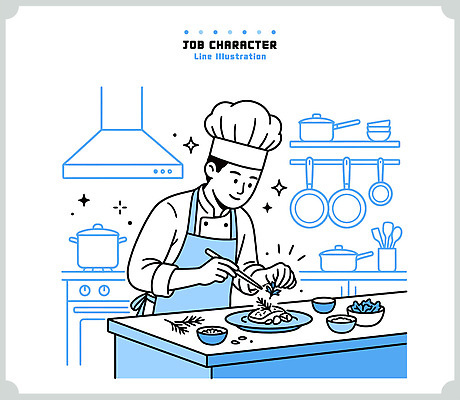 직업 접시 음식 일러스트 식재료 재료 주방용품 요리 사람 파란색 주방 요리사 식사 다양 조리대 레시피 요리준비 조리과정 국내일러스트 AI파일 식기 컬러 생활용품 다수 준비 과정 파일형식 벡터