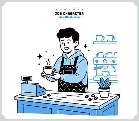 식물 직업 남자 행복 커피 음료 일러스트 미소 사람 컵 파란색 카페 다양 원두 작업 커피메이커 계산대 바리스타 국내일러스트 AI파일 식기 감정 컬러 다수 표정 상점 커피용품 파일형식 벡터