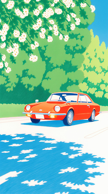 JPG 나무 꽃 도로 길 여행 일러스트 자동차 자연 풍경 초록색 봄 드라이브 빨간차 국내일러스트 AI일러스트 AI콘텐츠 식물 계절 육상교통 컬러 교통시설 운전 생태계 파일형식