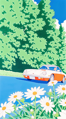 JPG 나무 꽃 도로 일러스트 자연 풍경 초록색 봄 드라이브 국내일러스트 AI일러스트 AI콘텐츠 식물 계절 길 컬러 교통시설 운전 생태계 파일형식