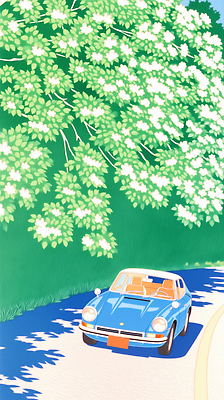 JPG 나무 꽃 도로 길 일러스트 자연 풍경 초록색 봄 드라이브 순간 국내일러스트 AI일러스트 AI콘텐츠 식물 계절 컬러 교통시설 운전 생태계 파일형식