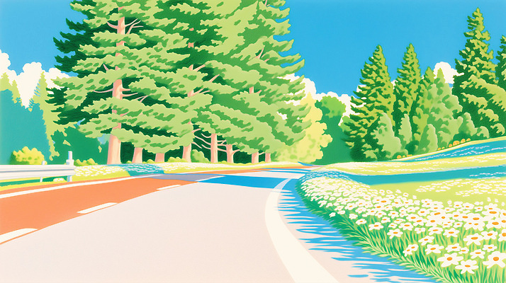 JPG 나무 식물 꽃 도로 길 여행 일러스트 자연 하늘 풍경 초록색 봄 드라이브 국내일러스트 AI일러스트 AI콘텐츠 계절 컬러 교통시설 운전 생태계 파일형식