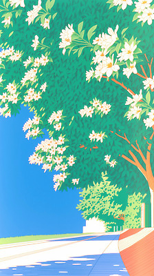 JPG 나무 꽃 도로 길 일러스트 자연 하늘 풍경 초록색 봄 드라이브 그늘 국내일러스트 AI일러스트 AI콘텐츠 식물 계절 컬러 교통시설 운전 생태계 파일형식