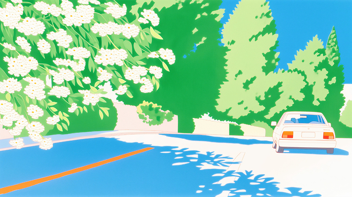 JPG 나무 꽃 도로 길 여행 일러스트 자동차 자연 하늘 풍경 초록색 봄 드라이브 국내일러스트 AI일러스트 AI콘텐츠 식물 계절 육상교통 컬러 교통시설 운전 생태계 파일형식