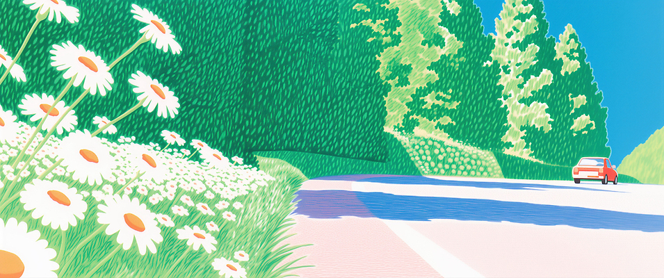JPG 나무 식물 꽃 도로 일러스트 자연 하늘 풍경 초록색 봄 드라이브 차선 국내일러스트 AI일러스트 AI콘텐츠 계절 길 컬러 교통시설 운전 생태계 파일형식