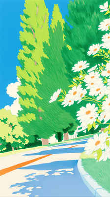 JPG 나무 식물 꽃 도로 일러스트 자연 하늘 풍경 초록색 봄 드라이브 국내일러스트 AI일러스트 AI콘텐츠 계절 길 컬러 교통시설 운전 생태계 파일형식