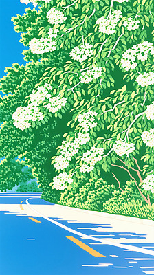 JPG 나무 식물 꽃 도로 여행 일러스트 자연 하늘 풍경 초록색 봄 드라이브 국내일러스트 AI일러스트 AI콘텐츠 계절 길 컬러 교통시설 운전 생태계 파일형식