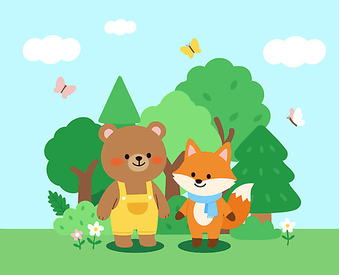 나무 식물 동물 캐릭터 꽃 나비 일러스트 곰 자연 친구 스카프 숲속 숲 멜빵바지 여우 국내일러스트 AI파일 곤충 바지 포유류 관계 목도리 멜빵 생태계 파일형식 벡터