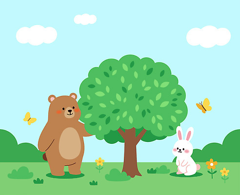 나무 식물 동물 캐릭터 꽃 나비 일러스트 곰 자연 친구 토끼 숲속 숲 국내일러스트 AI파일 곤충 포유류 관계 반려동물 생태계 파일형식 벡터
