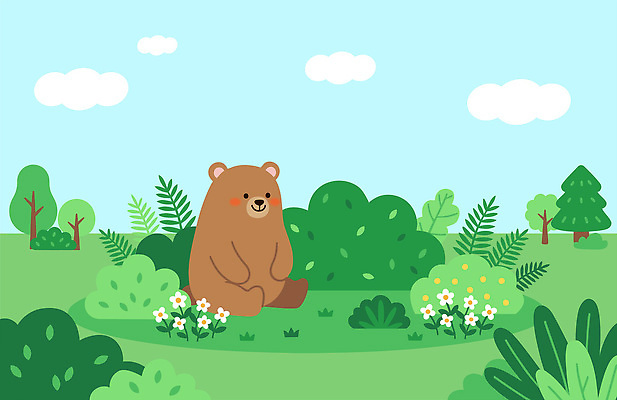 나무 식물 동물 꽃 일러스트 곰 자연 하늘 풍경 친구 숲속 숲 국내일러스트 AI파일 포유류 관계 생태계 파일형식 벡터