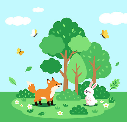 나무 식물 동물 꽃 나비 잎 일러스트 자연 하늘 풍경 초록색 친구 봄 토끼 풀 숲속 숲 여우 국내일러스트 AI파일 계절 컬러 곤충 포유류 관계 반려동물 생태계 파일형식 벡터