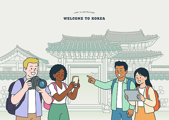 한국전통 전통 건축 문화 여행 일러스트 한국 웃음 스마트폰 여행객 카메라 사진촬영 산책 궁전 그룹 한복 즐거움 방문 국내일러스트 AI파일 감정 아시아 고건축 휴식 표정 사람 전자제품 핸드폰 스마트기기 촬영 전통의상 파일형식 벡터