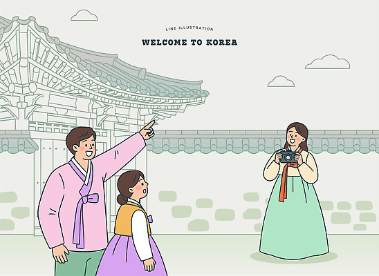 외국인 한국전통 전통 기념일 행복 문화 어린이 여행 일러스트 가족 한국 카메라 산책 궁전 전통의상 한복 즐거움 국내일러스트 AI파일 감정 아시아 고건축 관계 휴식 사람 인종 이벤트 전자제품 파일형식 벡터