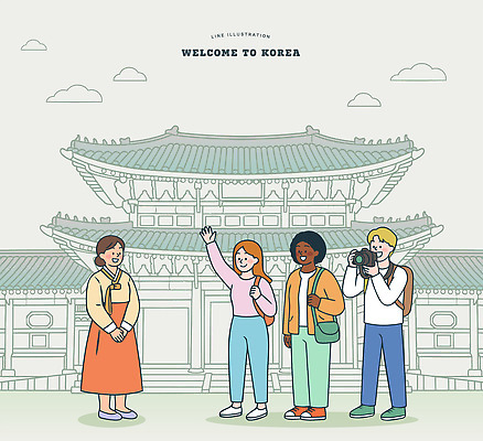외국인 한국전통 전통 문화 여행 일러스트 한국 여러명 건물 카메라 산책 궁전 만남 인사 역사 한복 즐거움 환영 국내일러스트 AI파일 건축물 감정 아시아 다수 컨셉 고건축 휴식 사람 인종 전자제품 예절 전통의상 파일형식 벡터