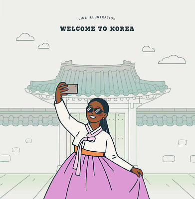 한국전통 전통 여자 문화 여행 고건축 일러스트 한국 사람 스마트폰 사진촬영 산책 궁전 한복 셀프카메라 즐거움 국내일러스트 AI파일 건축물 감정 아시아 휴식 핸드폰 스마트기기 촬영 전통의상 파일형식 벡터