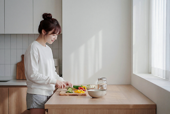 JPG 편집이미지 여자 음식 채소 재료 탁자 주방용품 요리 햇빛 주방 식사 주말 의료성형뷰티 편집실사 AI인물포토 AI콘텐츠 가구 생활용품 사람 빛 CG 파일형식 AI포토