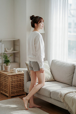 JPG 편집이미지 응시 여자 거실 모션 실내 일상 소파 침대 포근함 편안함 창가 습관 의료성형뷰티 편집실사 AI인물포토 AI콘텐츠 시선 가구 의자 창문 사람 내부 라이프 감각 CG 파일형식 AI포토