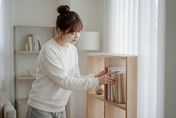 JPG 편집이미지 여자 가정 모션 책장 생활 책 공간 정리 의료성형뷰티 편집실사 AI인물포토 AI콘텐츠 가구 사람 CG 파일형식 AI포토