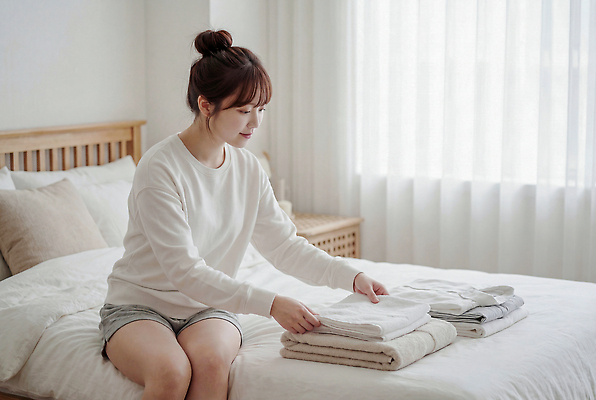 JPG 편집이미지 옷 여자 모션 생활 수건 햇빛 공간 방 침대 편안함 창가 정리 일과 의료성형뷰티 편집실사 AI인물포토 AI콘텐츠 가구 창문 사람 빛 위생용품 감각 CG 파일형식 AI포토