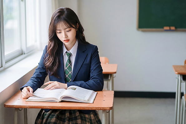 JPG 편집이미지 학생 여학생 여자 교복 생각 교실 청소년 수업 한명 책 학습 교양 시간 집중 읽기 창가 조용 의료성형뷰티 편집실사 AI인물포토 AI콘텐츠 1 옷 교육 컨셉 창문 학교 모션 사람 CG 파일형식 AI포토