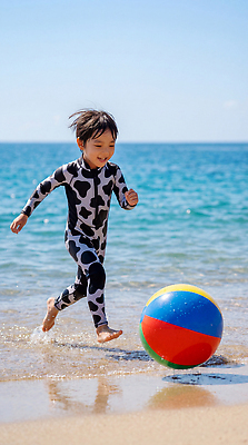 JPG 편집이미지 수영복 어린이 바다 공 자연 물놀이 해변 여름 달리기 즐거움 의료성형뷰티 편집실사 AI인물포토 AI콘텐츠 옷 계절 감정 모션 놀이 사람 CG 생태계 파일형식 AI포토