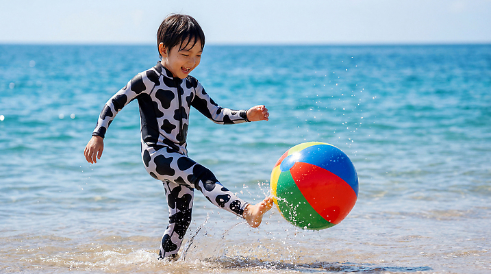 JPG 편집이미지 수영복 어린이 바다 공 웃음 풍경 해변 여름 놀기 의료성형뷰티 편집실사 AI인물포토 AI콘텐츠 옷 계절 모션 표정 사람 CG 파일형식 AI포토