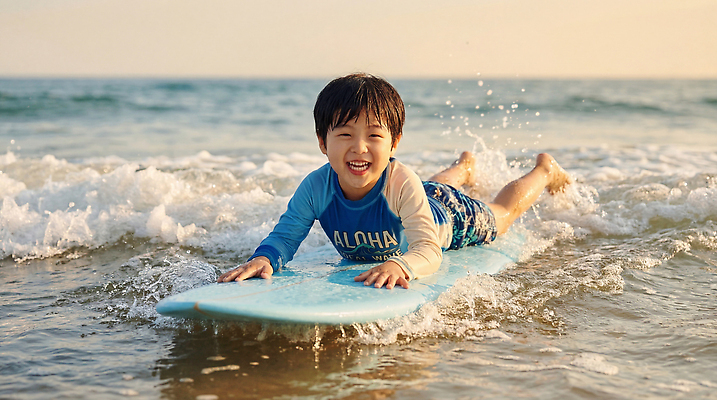 JPG 편집이미지 어린이 스포츠 파도 바다 자연 놀이 미소 해변 물 서핑 즐거움 의료성형뷰티 편집실사 AI인물포토 AI콘텐츠 자연요소 감정 표정 사람 수상스포츠 CG 생태계 파일형식 AI포토