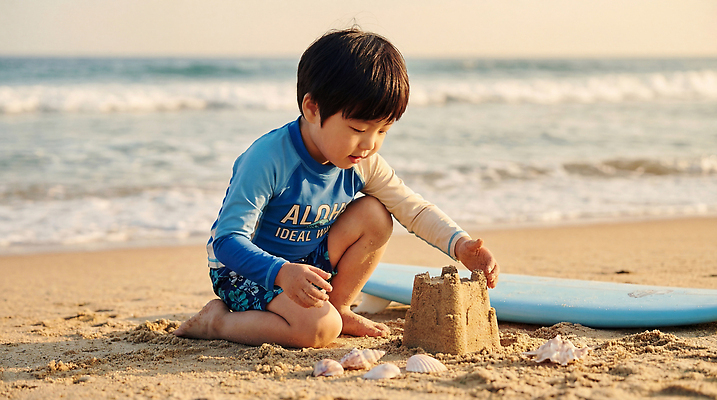 JPG 편집이미지 물결 어린이 모래 바다 놀이 하늘 조개 해변 여름 즐거움 모래성 의료성형뷰티 편집실사 AI인물포토 AI콘텐츠 계절 감정 어패류 사람 CG 파일형식 AI포토