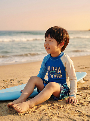 JPG 편집이미지 수영복 어린이 모래 파도 바다 놀이 휴식 미소 해변 여름 서핑보드 서핑 즐거움 의료성형뷰티 편집실사 AI인물포토 AI콘텐츠 옷 계절 감정 컨셉 표정 사람 수상스포츠 보드_스포츠 CG 파일형식 AI포토