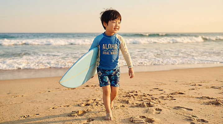 JPG 편집이미지 수영복 어린이 모래 파도 바다 놀이 해변 여름 걷기 일몰 서핑 즐거움 의료성형뷰티 편집실사 AI인물포토 AI콘텐츠 옷 계절 감정 모션 사람 노을 수상스포츠 CG 파일형식 AI포토