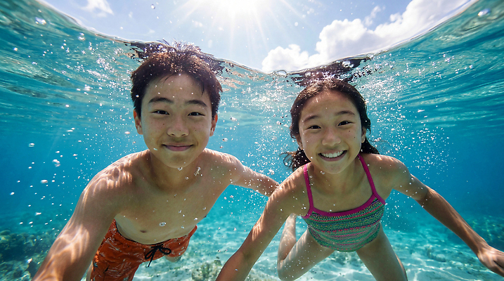 JPG 편집이미지 수영복 물놀이 놀이 웃음 여름 친구 수영 즐거움 의료성형뷰티 편집실사 AI인물포토 AI콘텐츠 옷 계절 감정 관계 표정 수상스포츠 CG 파일형식 AI포토