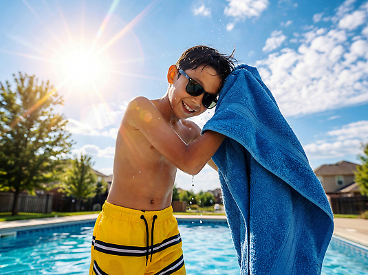JPG 나무 편집이미지 어린이 물놀이 놀이 하늘 수영장 소년 물 여름 수건 햇빛 시원함 즐거움 의료성형뷰티 편집실사 AI인물포토 AI콘텐츠 자연요소 식물 계절 남자 감정 사람 빛 위생용품 CG 파일형식 AI포토