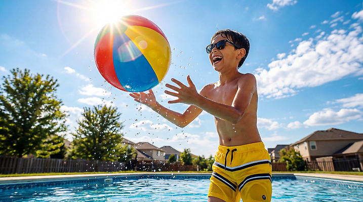 JPG 나무 편집이미지 물놀이 놀이 수영장 웃음 소년 여름 햇빛 자유 공놀이 의료성형뷰티 편집실사 AI인물포토 AI콘텐츠 식물 계절 남자 어린이 컨셉 공 표정 빛 CG 파일형식 AI포토