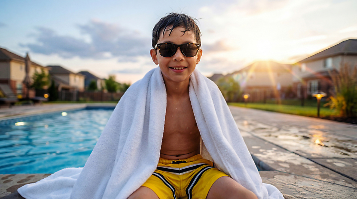 JPG 편집이미지 어린이 물놀이 수영장 미소 소년 여름 수건 선글라스 태양 즐거움 의료성형뷰티 편집실사 AI인물포토 AI콘텐츠 자연요소 계절 남자 감정 안경 놀이 표정 사람 위생용품 CG 파일형식 AI포토