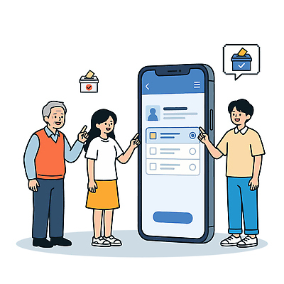 여자 노년 남자 일러스트 모션 기술 스마트폰 디지털 스크린 투표 시민 참여 국내일러스트 AI파일 사람 성인 핸드폰 스마트기기 선거 국민 파일형식 벡터