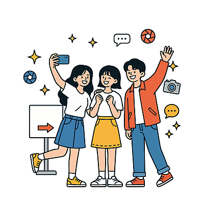 일러스트 모션 표정 웃음 여러명 친구 스마트폰 카메라 디지털 모임 셀프카메라 투표 즐거움 장면 소셜미디어 국내일러스트 AI파일 감정 다수 관계 사람 전자제품 핸드폰 스마트기기 사진촬영 선거 파일형식 벡터