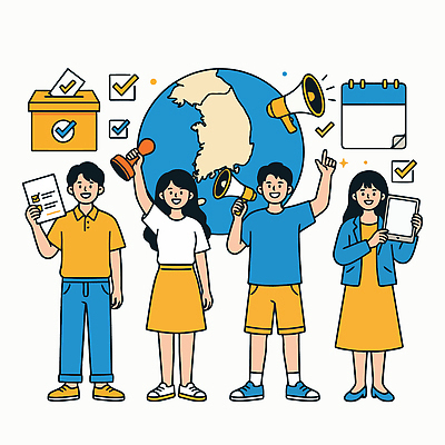 학생 교육 일러스트 모션 협력 한국 디지털 자료 도구 발표 투표 선거 민주주의 문서 의견 시민 소통 이해 참여 국내일러스트 AI파일 아시아 컨셉 국민 파일형식 벡터