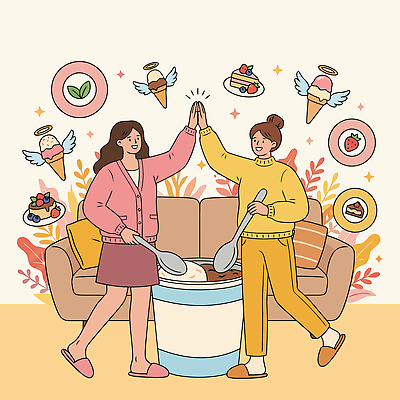음료 일러스트 아이스크림 디저트 웃음 여름 친구 소파 케이크 숟가락 만남 무설탕 제로열풍 국내일러스트 AI파일 계절 음식 컨셉 의자 관계 수저 표정 파일형식 벡터