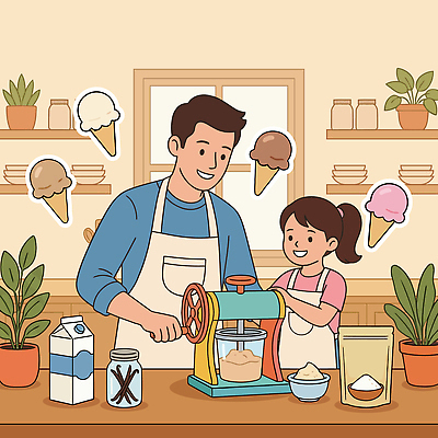 식물 행복 어린이 일러스트 재료 가족 모션 아이스크림 디저트 함께함 요리 주방 기계 우유 시간 아빠 제조 만들기 무설탕 제로열풍 국내일러스트 AI파일 감정 음식 컨셉 관계 유제품 사람 파일형식 벡터