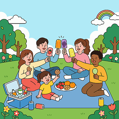 나무 공원 행복 음식 과일 일러스트 가족 모션 하늘 아이스크림 디저트 밝음 여러명 여름 친구 소풍 즐거움 무설탕 제로열풍 국내일러스트 AI파일 식물 계절 공공시설 감정 다수 관계 사람 야외활동 파일형식 벡터